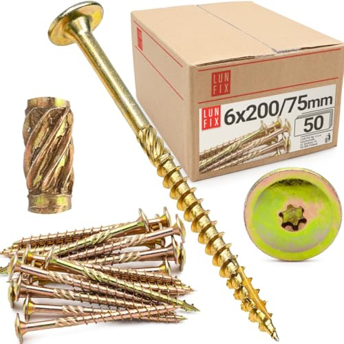 Lun Fix Vis à bois TX40 6.0x200 mm 50 pièces, fixation terrasse, charpente, toiture, tête large torx, acier zingué, filetage partiel, panneaux agglomérés, cloison