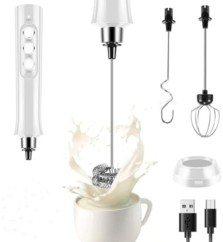 SANON Mousseur à lait électrique portable avec trois fouets, mousseur à lait électrique rechargeable par USB avec 3 vitesses
