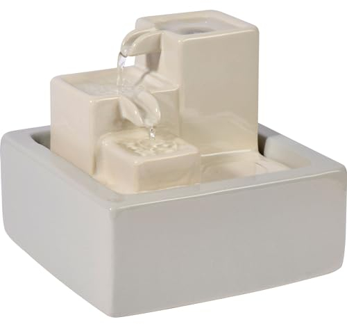 dobar® Pequeña Cascada de cerámica de Tres Niveles en diseño de Piedra – Fuente Interior – 19 x 19 x 16,5 cm – Blanco