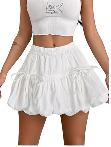 Verdusa Women's Bubble Skirt Ruffled Pleated Mini Skirt Elastic Waist Short Skater Skirts White Medium