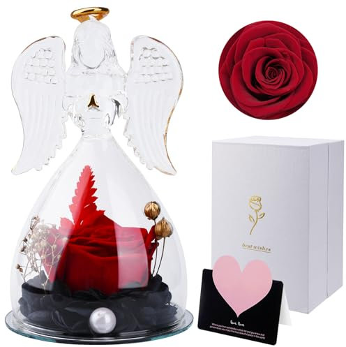 KIMIGO Ange Rose Eternelle,Cadeau Fête des Mères pour Maman,Rose Éternelle Angel,Rose Eternelle Cadeau Femme,Ange Eternelle Vraie Rose,Rose Eternelle sous Cloche,Fleur Eternelle