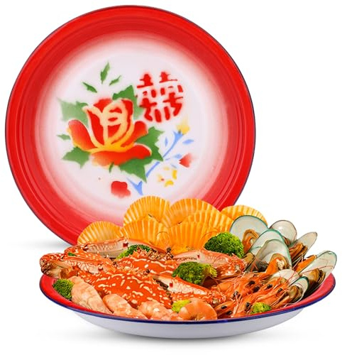 SNOMEL 2 Pcs Enamel 11.7 In Serving Platters and Trays, Large Serving Dishes for Entertaining Chinese Vintage Style, Round Turkey Platters for Food Party Thanksgiving Snack Dessert Meat