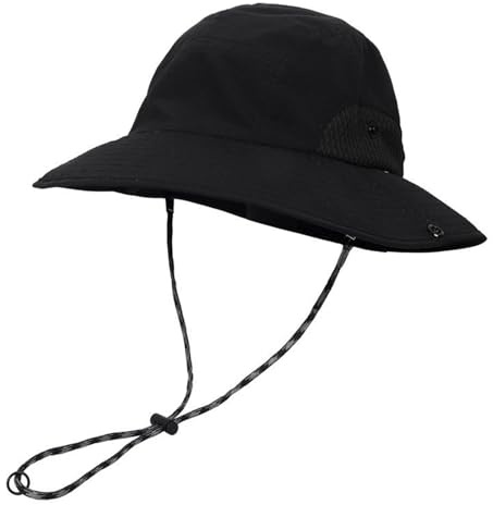 YAMEIZE Vattentät hinkhatt med snöre – för kvinnor män UV-skydd justerbar safari-hatt med rem fiskehatt vandring klättring, Svart, one size