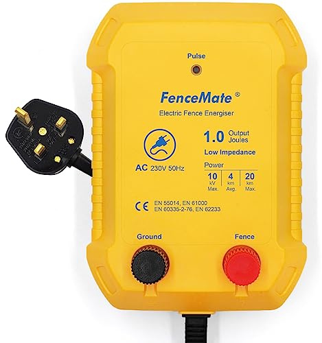 FenceMate Électrificateur de clôture électrique de sortie 230 V 1 Joule Alimentation secteur Basse impédance pour moyenne 4 km jusqu'à 20 km Chargeur de clôture pour protéger le bétail et la volaille