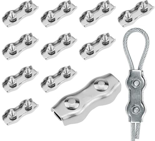 Gebrazy 12 Pièces Abrazadera Cable Acero, Doble Clip De Cuerdas para Alambre 6mm,Tensores De Alambre,304 Inoxidable Dúplex Clips,Uso para Tendederos, Colgante La Bandera, Envío Y Anclaje