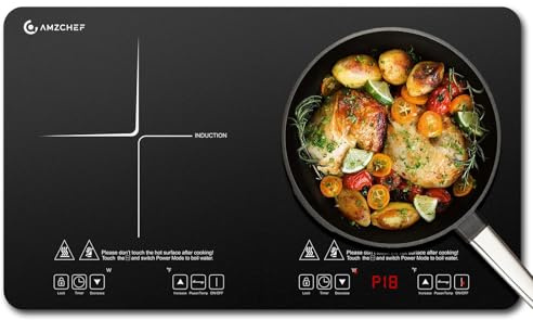 AMZCHEF Portable-Induction-Cooktop-2-Burner-ETL-Certified: 18 Power & 20 Temperature Levels Induction Burners 1800W, Independent Control,10-hour Timer, Safety Lock, Low Noise Electric Cooktops