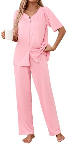 Famulily Women’s Button Down Pyjamas Short Sleeve Flowy Pleated Tops and Wide Leg Pants Loose Nightwear Pink XXL