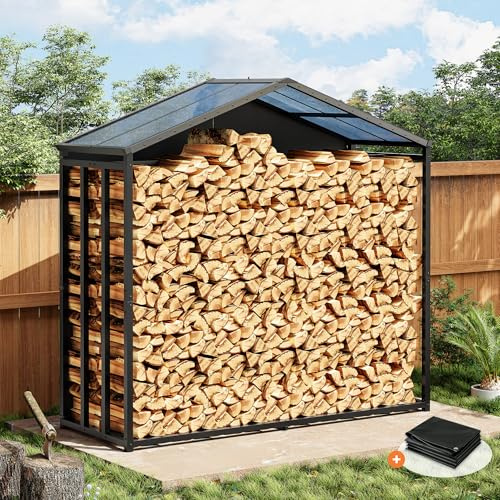 Amopatio Kaminholzregal aussen XXL–187x70x190cm, Brennholzregal außen mit Abdeckung 3,3SRM / 2,3m³, Metall Holzstapelhilfe, Stahlrahmen & Polyester-Dach, Garten Holzlager, Holzunterstand, Anthrazit