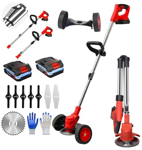 Hooha 21V Rasentrimmer Mit Akku Faltbar Freischneider Mit Teleskop Griff Akku-Rasentrimmer mit 2X 2.0Ah & Ladegerä & 3 Verschiedenen Klingen Einstellbare Länge für Gärten,Rasenflächen,Büsche