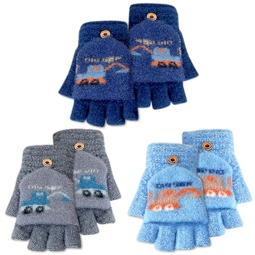 FCXVXCL Escavatore Guanti 3 Paia Guanto Ragazzi Guanti Magici per Bambini Guanto Invernali per Bambini in Maglia con Mezze Dita Colorate e Caldi Elastici 4 a 10 Anni