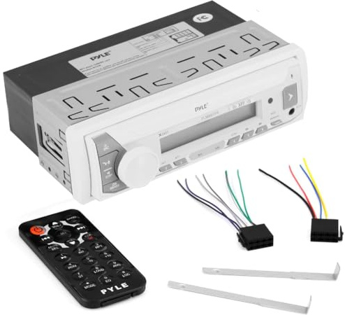 KIT SET FÖR PYLE PLMRB39W Single-DIN bilradio, AM/FM-mottagare, stereo, AUX/USB/MP3/WMA, med Bluetooth, marin, för båtar, jollar, 1 st + gratis tillbehör