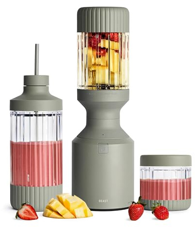 BEAST Blender smoothie 1200W - Mixeur haute performance avec 3 bouteilles portables en Tritan - 1200 ml - Couvercles et lames en acier inoxydable - Smoothie maker pour milkshakes et sauces - Sauge