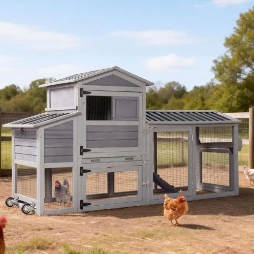 80’’ Chicken Coop with Wheels, Outdoor Wooden Chicken House with Nesting Box, Poultry Chicken Cage with Weatherproof Roof and Leakproof Pull-on Tray, Large Chicken Coops with 2-4 Chickens