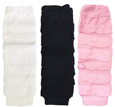 Bowbear Little Girls 3 Pair Layered Ruffles Leg Warmers, White, Black, Pink