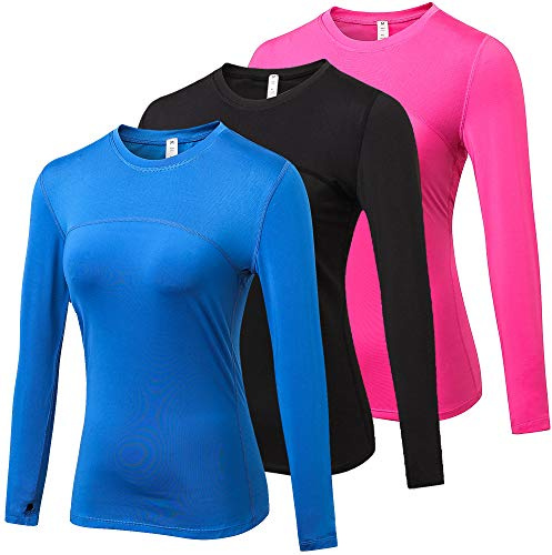 Yuerlian 3 Pack Womens Long Sleeve Performance Base Layer Running Training Top, Blue+black+pink, M