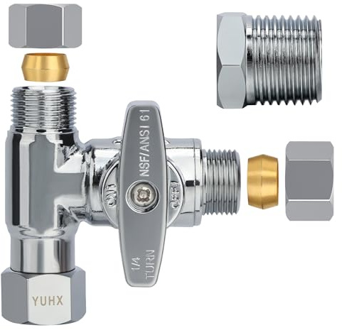 YUHX Brass Angle Stop Add-A-Tee Valve for TOTO Washlet Bidet and Handheld Sprayer, 3/8 Inch Compression Shut Off 3 Way Diverter Connector, 3/8 x3/8x3/8 or 1/2 Toilet T Adapter