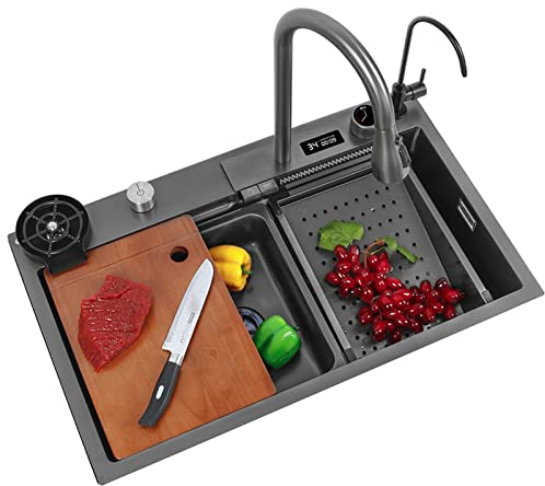 Digitalanzeige Küchenspüle 304 Edelstahl Single Bowl Bar Prep Spüle Mit Wasserhahn Ablaufarmatur Becherglasche Drop In Oder Unter Mount (Color : Gun Grey, S : 75x46x22cm)
