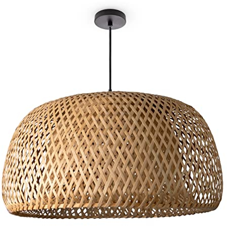 Paco Home Deckenlampe Bambus Hängeleuchte Boho Wohnzimmer Hängend Natur Korblampe Vintage E27 Retro 1,5m Textilkabel, Lampenart:Pendelleuchte - Typ 2, Leuchten Farbe/Größe: Natur (Ø45 cm)