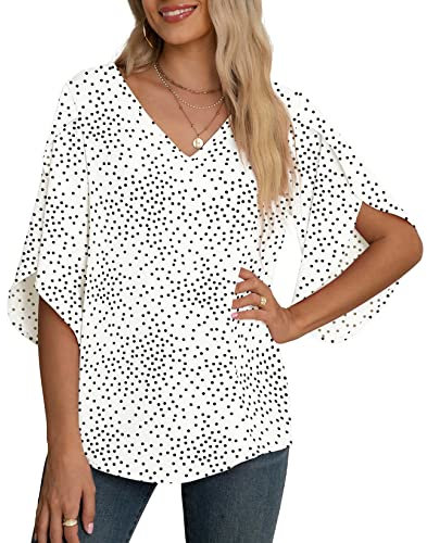 Yommay Chiffongblus för kvinnor damtoppar elegant ledig lös 3/4 veckad delad ärm V-hals sommarblus t-shirts, Vit prick, M