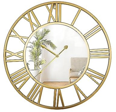 QHENS 50 cm stor rund spegelväggklocka tyst icke-tickande vintage guld metall batteridrivna romerska siffror dekorationsklocka