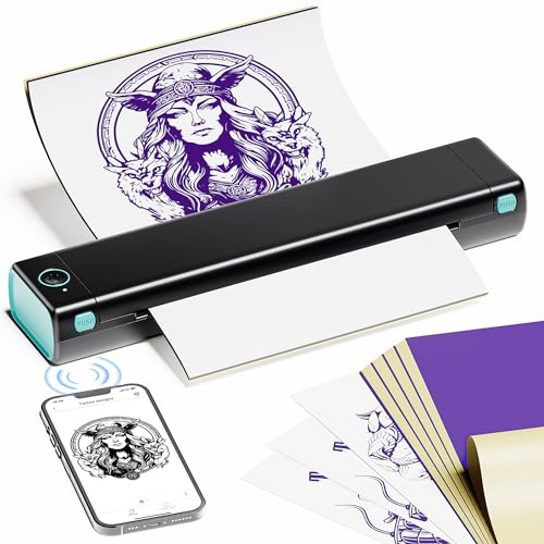 PhoFuta M08F Termocopiadora Tattoo Bluetooth Impresora Tattoo Impresora Tatuajes para Tatuajes DIY, Impresora Portátil Maquina Tatuar, Compatible con Smartphone y PC, con 10 Unidades A4 Papel Tatuaje