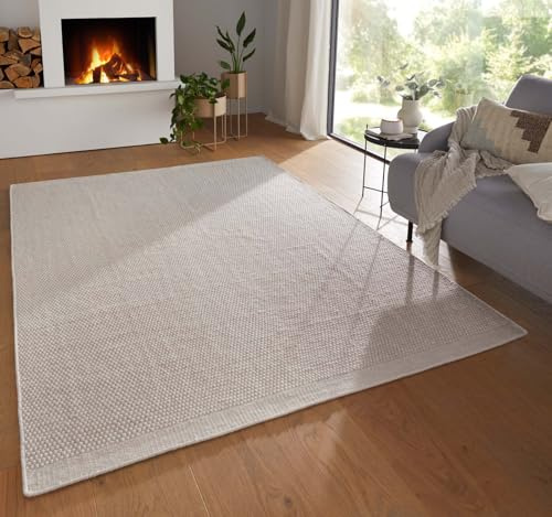 Taracarpet Moderner Boho Skandi Kurzflor Wollteppich Ethno Flachgewebe Kelim Teppich handgewebt Dhurry weiß Creme 140x200 cm