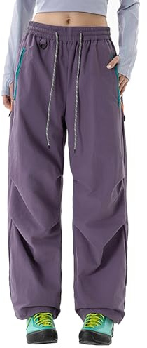 SEAUR Women's Hiking Cargo Parachute Pants Baggy Loose Quick Dry Lightweight with Zipper Pockets Drawstring Ankle Cuffs Water Resistant for Camping Trekking