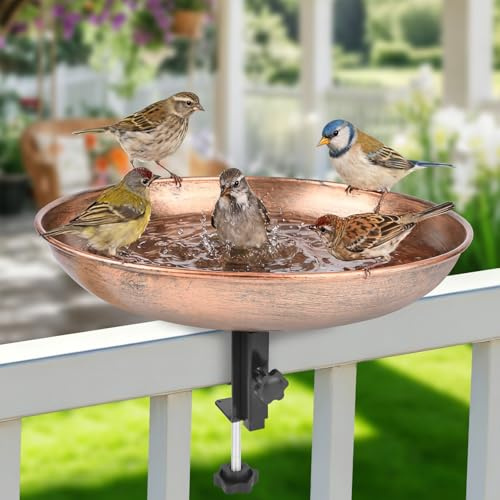 Bebedero de Aves con Abrazadera Resistente al Invierno de Metal para Jardín y Balcón, Gran Baño para Aves con Base de Abrazadera para Barandillas, Resistente a Las Heladas, Bebedero y Comedero