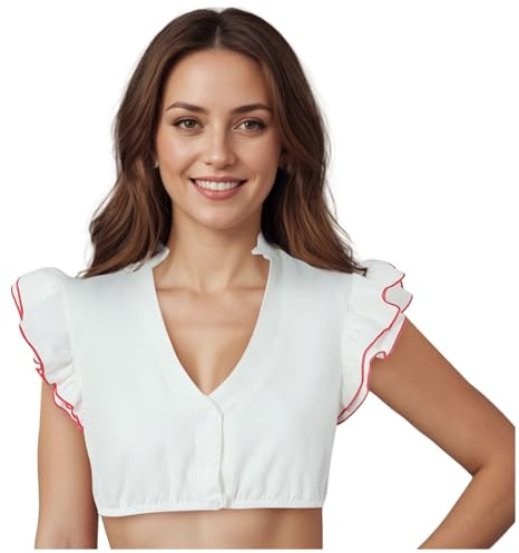 Dirndl Camicetta Da Donna In Pizzo Colore Bianco,Dirndll Bluse,Dirndl Bianco A Maniche Corte,in cotone, con scollo a V,Tradizionale Con Bottone Per Oktoberfest,per costume tradizionale Oktoberfest