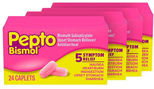 Pepto Bismol Caplets for Nausea, Heartburn, Indigestion, Upset Stomach, and Diarrhea - 5 Symptom Fast Relief in a Convenient Form 24 ct (Pack of 4)