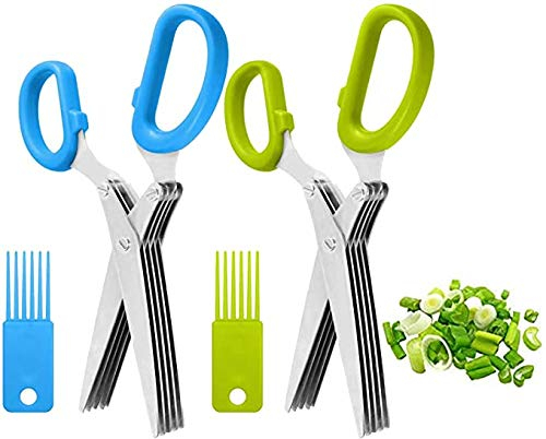 Invoda - 2 confezioni di forbici per erbe in acciaio INOX, taglio rapido, taglio rapido, per tagliare le erbe aromatiche, multiuso, con 5 lame affilate e spazzola per la pulizia