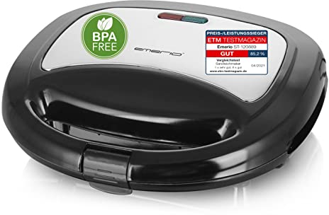 Emerio Doppel Sandwich Maker, BPA frei, klassische Form für dreieckiges Sandwich, leicht zu reinigen, Antihaftbeschichtung, heizt schnell auf, 750 Watt, Schwarz