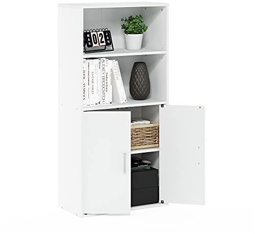 Furinno Pasir Armario de Almacenamiento con 2 estantes Abiertos y 2 Puertas, Madera de ingeniería, White, 59.9(W) x 121.4(H) x 30(D) cm