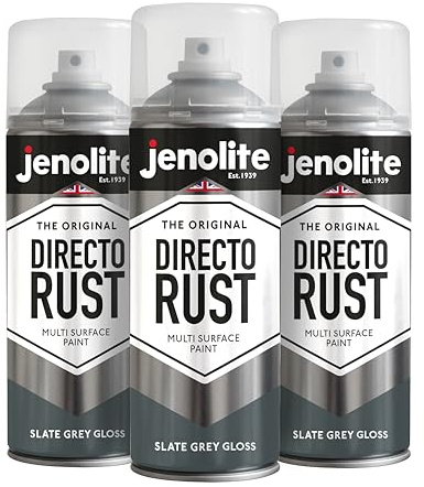 JENOLITE Directorust Gloss Spray Paint | SLATE GREY | 3 x400ml | Direct To Rust Spray Paint For Metal | Multi Surface Gloss Aerosol For Wood, Metal, Plastic, Ceramic| RAL 7031