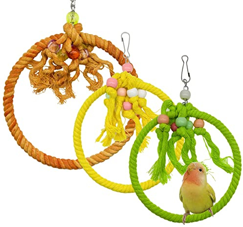 Allazone 3 PCS Bird Swing Cotton Rope Ring, 7.1 Inches Bird Swing Cotton Rope Ring Bird Parrot Perches Parrot Cage Hanging Perches Soft Bird Stand Toys