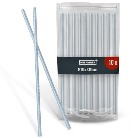 HELPMATE – gängstång M10 x 330 mm av galvaniserat stål – 10 stycken gängstänger med metrisk helgänga – gängstift med hållfasthetsklass 4.8, DIN 976