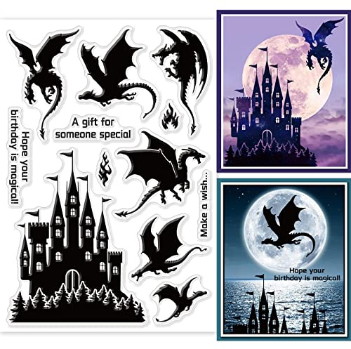 GLOBLELAND Vintage Castle Clear Stamps Medieval Style Western Dragon Transparent Stamps Text Silicone Clear Stamp Seals for DIY Scrapbooking Art Journals Decorative Cards Making
