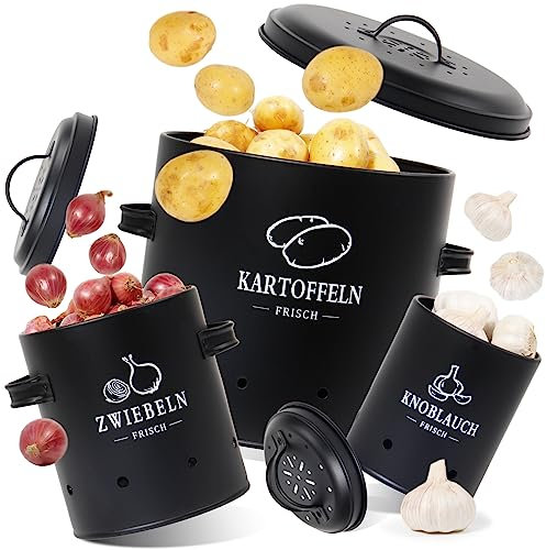 GREELUE Premium Kartoffel Aufbewahrungsbox [3er Set], Kartoffeln, Zwiebeln und Knoblauch Aufbewahrung, Hält Gemüse Länger Frisch (SET01)