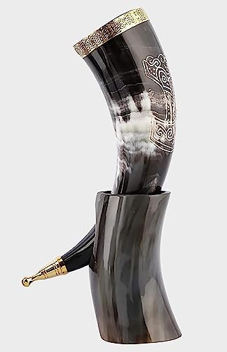 Nautical Replica Hub Wikinger-Trinkhorn – 30,5 cm mit Hornständer und Messingrand, 100% authentischer handgefertigter Bierbecher | Lebensmittelqualität | einzigartiges echtes Ochsenhorn Thor graviert