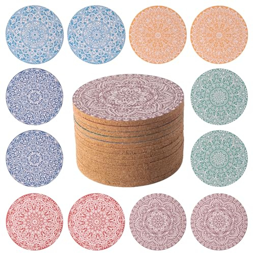 STARUBY 12 Pcs Cork Coasters, Coasters for Drinks, for Coffee Table | for Drinks Absorbent Kitchen Dining Room Decoration 10cm Round Flower2