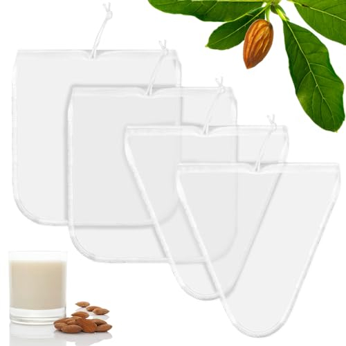 Nussmilchbeutel Bio Waschbar 4 Stück Nut Milk Bag Nussbeutel Nylon Passiertuch Wiederverwendbar Filtertuch Mit Feinmaschiges für Vegane Nussmilch,Kaffee,Obstsaft,Gemüsesäften(Dreiecksform & Orbicular)