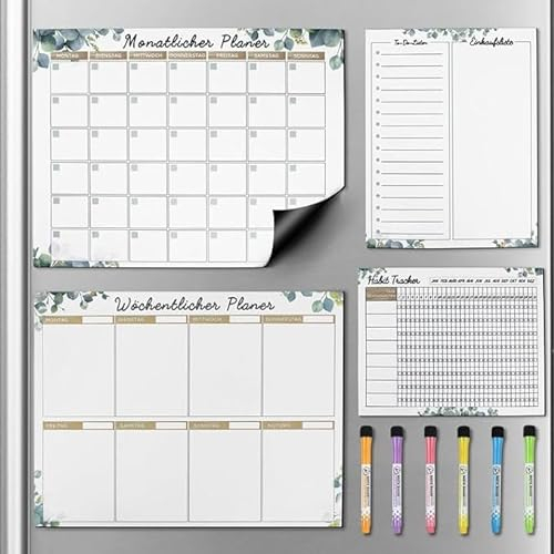 JOLIGAEA 4 Stk Magnetischer Wochenplaner, Wochenplaner Abwischbar, Monatsplaner, To Do Liste, Habit Tracker Whiteboard, Familienplaner Planungstafel mit 6 Abwischbare Marker