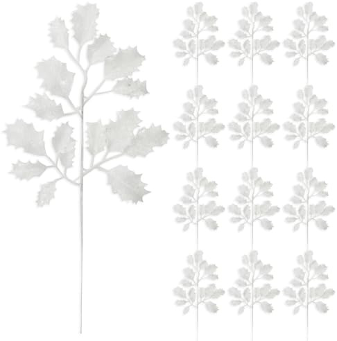 12 Pcs Christmas Glitter Leaves, 33cm Glitter Leaf Artificial Holly Leaves Shiny Artificial Plant Leaves Sparkling Artificial Holly Leaf Picks for Christmas Tree Wreath Garland Home Decoration (White)