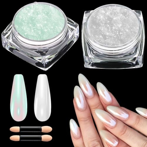 BISHENGYF 2Pcs Weiße Perle Chrome Nail Powder – Chromfarbener Nagelpuder Neon Glassy Pearl, Ice Shimmer Grünem Aurora Mirror Nagelpulver Glazed Donut Glitzerpuder, Nagelkunst DIY-Salon Nail Art Design