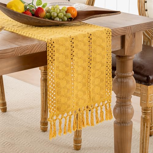 Serento Camino de Mesa Macramé Rústico Bohemio con Borlas Camino de Mesa de Algodón y Lino Rústico Decoración de Mesa, Fiesta, Cumpleaños, Boda, 30 x 180 cm Color Amarillo
