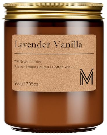 M&SENSE Candele alla Soia 200g, Lavanda Vaniglia, 35H Combustione, Naturale Candela Non Tossico, Vetro Marrone Vintage, Mano Colata per Aromaterapia Relax, Regalo di Lusso Mamma