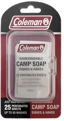 Coleman Camp Soap Sheets – 25 Travel Soap Sheets for Camping, Hiking & Backpacking – Perforated for 50 Washes, Dissolves Instantly in Hot or Cold Water, TSA-Approved for Travel