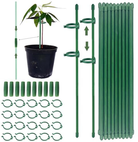 Soporte para plantas, enrejado, 20 estacas para plantas con 20 mosquetones y 10 tubos de extensión, enrejado para tomates, soporte para plantas de jardín, pepinos, plantas de interior (110 piezas)