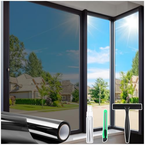 Homein One Way Privacy Window Film with Tool Window Tint for Home Film See Out Not in Heat Control Sun Blocking Mirror Reflective Anti UV Covering Static Cling No Glue Black-Sliver 23.6 x 78.7
