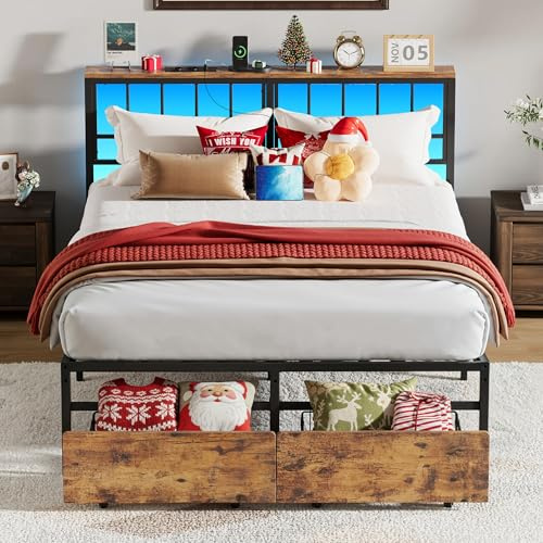IRONCK Bett 140x200 mit LED Beleuchtung, Bettgestell 140x200 mit 2 Schubladen, Metallbett mit 2 AC-Steckdosen 1 USB 1 Typ-C-Anschluss, Jugendbett, Doppelbett mit Lattenrost aus Metall